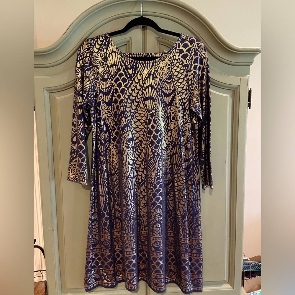 Lilly Pulitzer Ophelia Black Gold Metallic 3/4 Sleeve Caged Mini Dress
